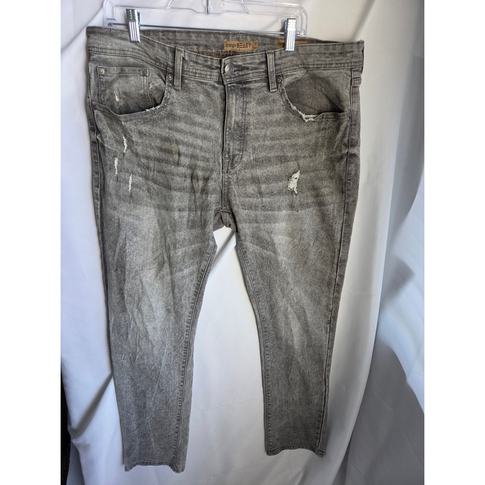 Indigo Beast Mens Slim Straight Grey Acid Wash Distressed Denim Jeans